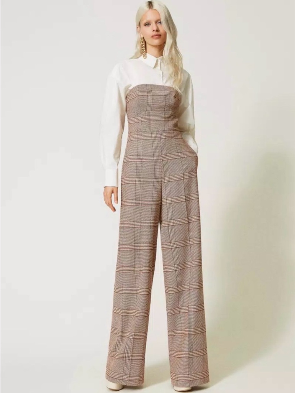TWINSET MILANO Brown and Cream Plaid Strapless Wide-Leg Jumpsuit - size 42